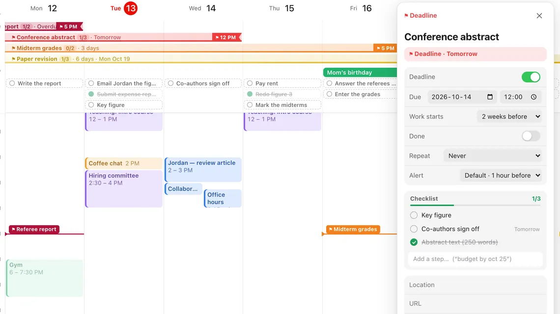 Deadlines drawn as coloured runways across the week — red for one due tomorrow, orange, yellow — and a deadline's panel with its checklist