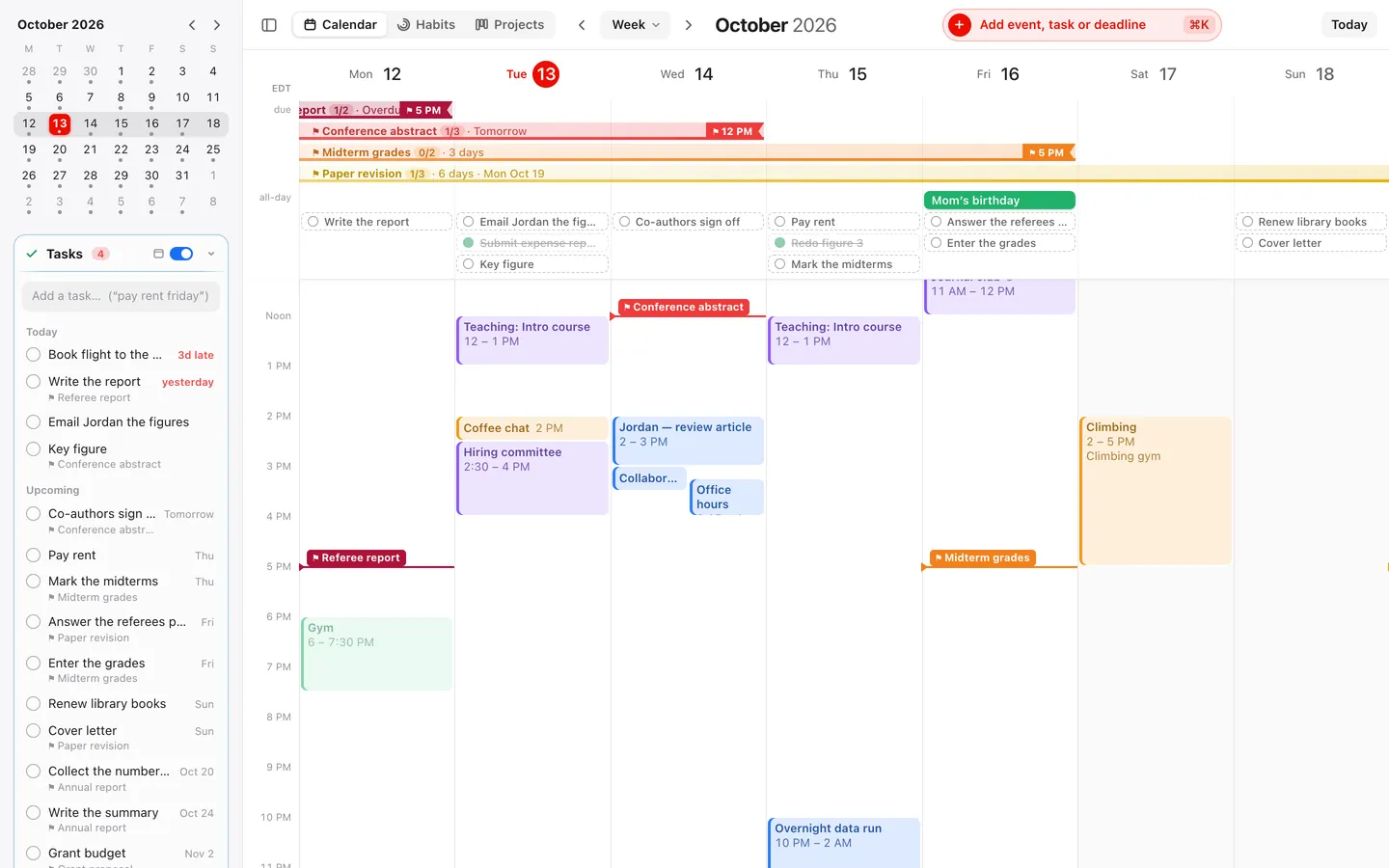 Worldline's week view: events from several calendars, deadlines drawn as runways across the top, and the sidebar with this month, tasks and deadlines