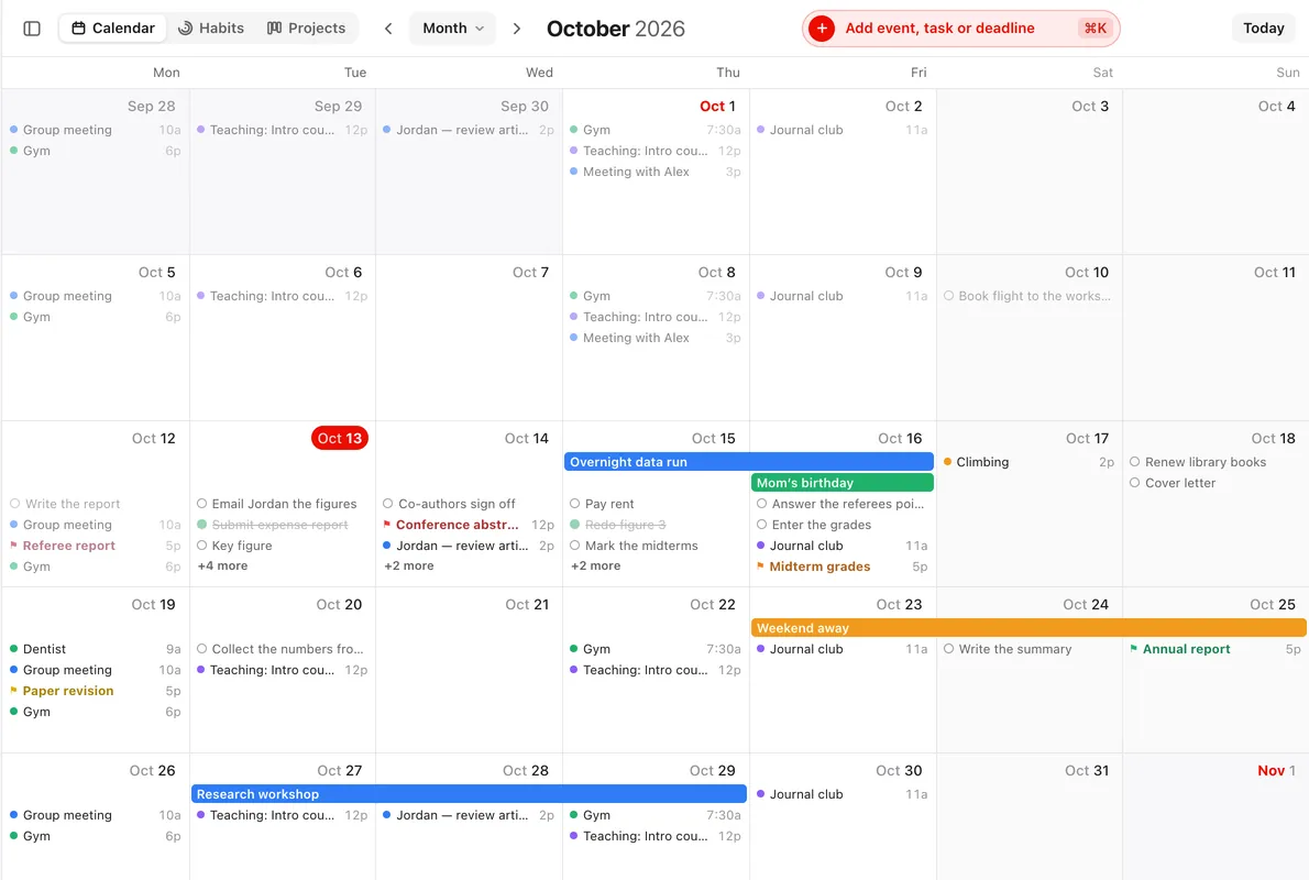 The month view of October, with meetings, all-day events and multi-day events from several calendars