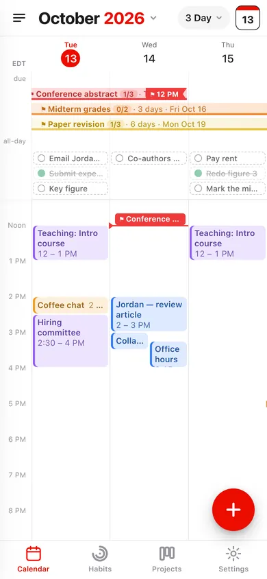 The same calendar on an iPhone, three days at a time