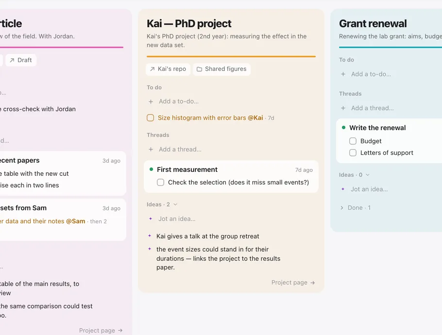 A project page with a methods draft, a displayed equation for the waiting-time distribution and a Python code block