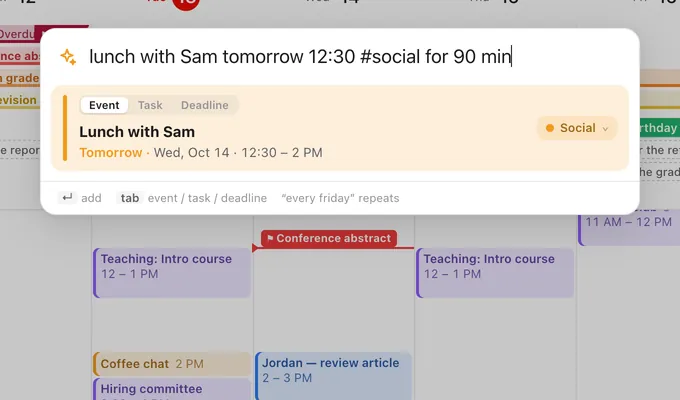 Quick add with “lunch with Sam tomorrow 12:30 #social for 90 min” typed, previewing an event on Wednesday from 12:30 to 2 PM in the Social calendar